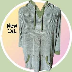 Lightweight Sage Green & White Striped Hoodie w Kangaroo Pocket 1XL